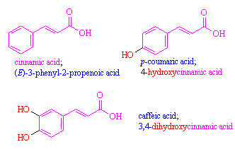 structures of cinnamic acid, p-coumaric acid, and caffeic acid
