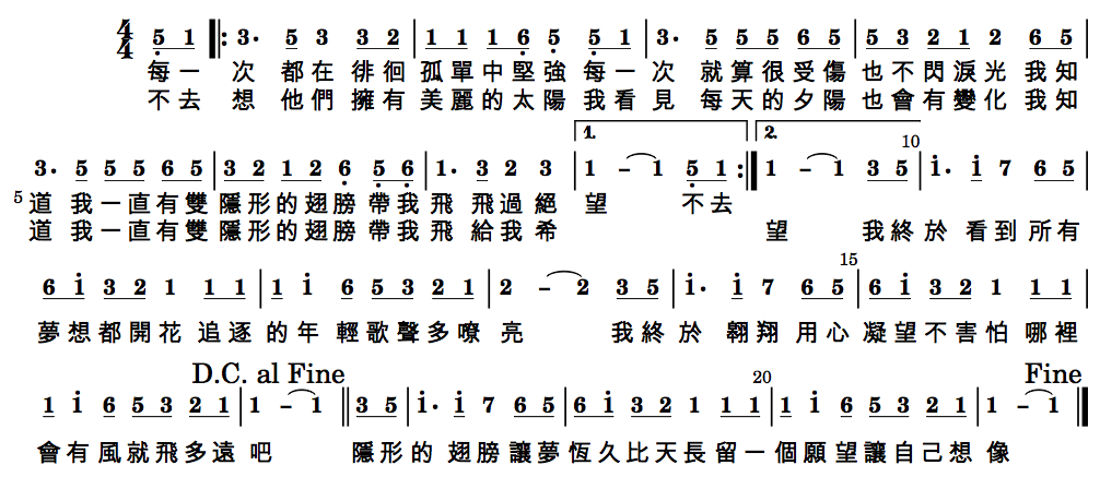 隱形的翅膀簡譜